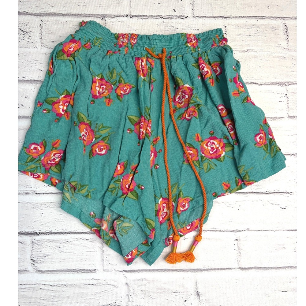 Matilda Jane Womens Teal Floral Smocked Tassel Rayon Shorts XS
